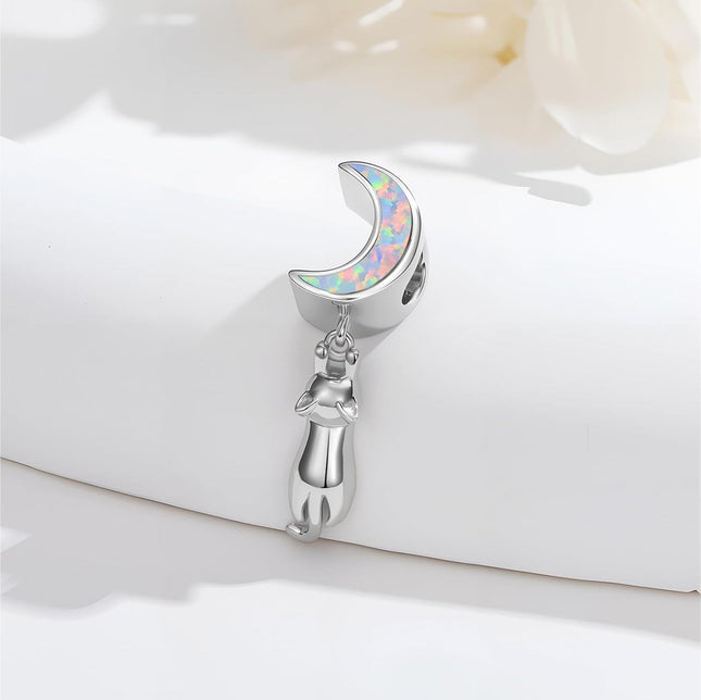 925 Sterling Silver with Opal Cat Charm Bracelet for Women – Dainty Kitty Pendant Gift for Cat Lovers