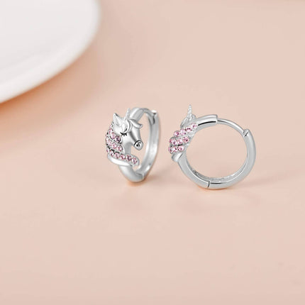 925 Sterling Silver Pink Crystal Unicorn Huggie Hoop Earrings for Girls and Women's Gifts