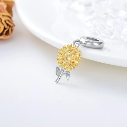 925 Sterling Silver Sunflower Charm for Bracelet Birth Flower Daisy Lily Rose Month Flower Bead Charm with Name Synthetic Birthstone Month Flower Charm Gift for Women