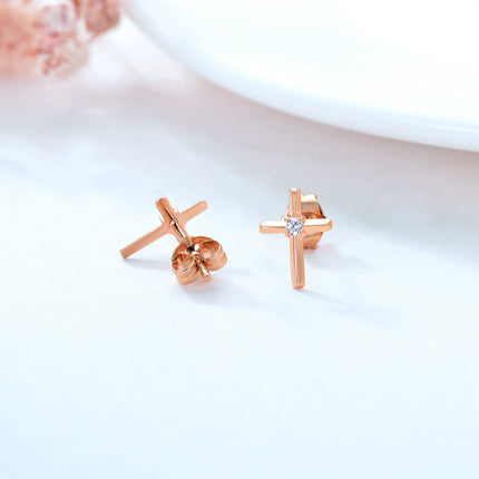 Rose Gold Diamond Cross Stud Earrings - Religious s for Women and Girls