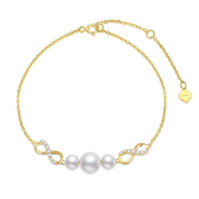 14K Gold Infinity Pearls & Cubic Zirconia Charm Bracelet for Women - Adjustable Size (7-9)