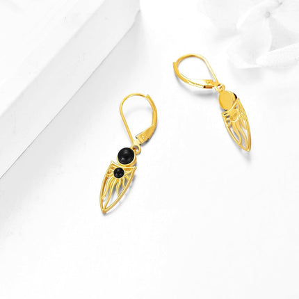 10K Gold Black Onyx Owl Shape Filigree Boho Leverback Earrings