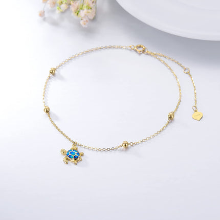 14K Gold Blue Opal Sea Turtle Charm Ankle Anklet for Women - Adjustable Size