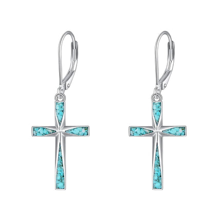 925 Sterling Silver Turquoise Stone Inlay Cross Dangle Leverback Earrings for Women