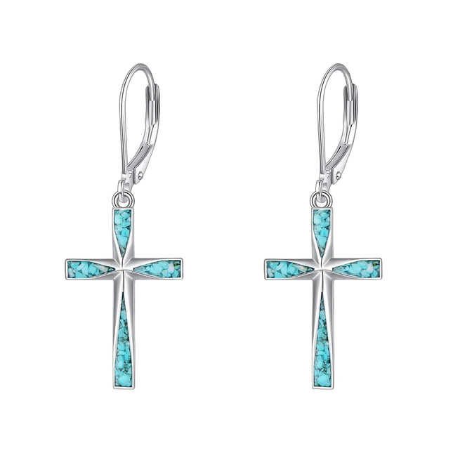 925 Sterling Silver Turquoise Stone Inlay Cross Dangle Leverback Earrings for Women