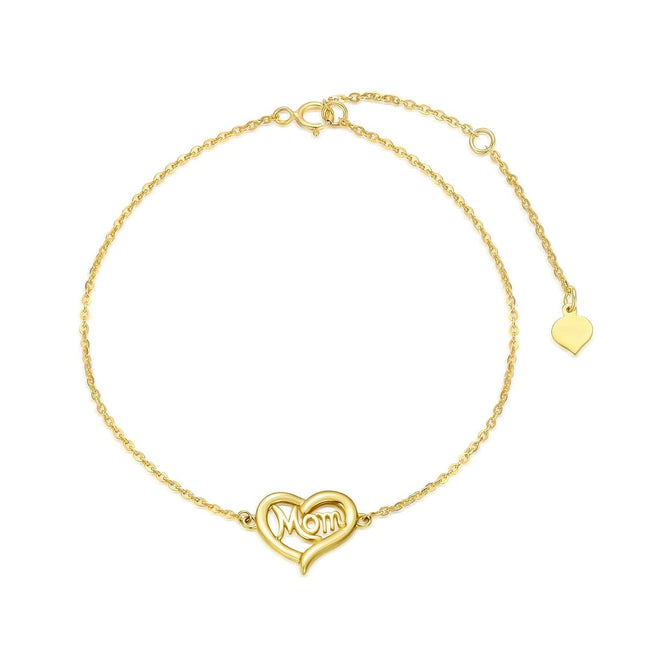 14K Gold Mom Heart Charm Bracelet for Women & Grandmas
