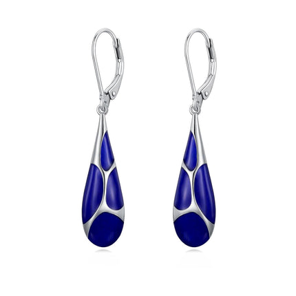 925 Sterling Silver Blue Enamel Tear Drop Leverback Earrings for Women Gift Ideas