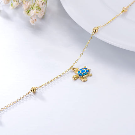 14K Gold Blue Opal Sea Turtle Charm Ankle Anklet for Women - Adjustable Size