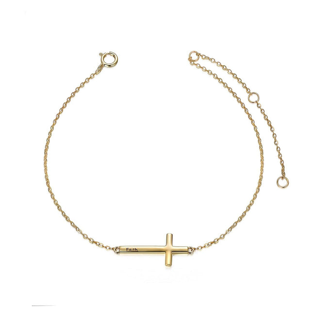 14k Gold Sideways Faith Cross Bracelet for Women Adjustable Chain 6.5 - 8.5