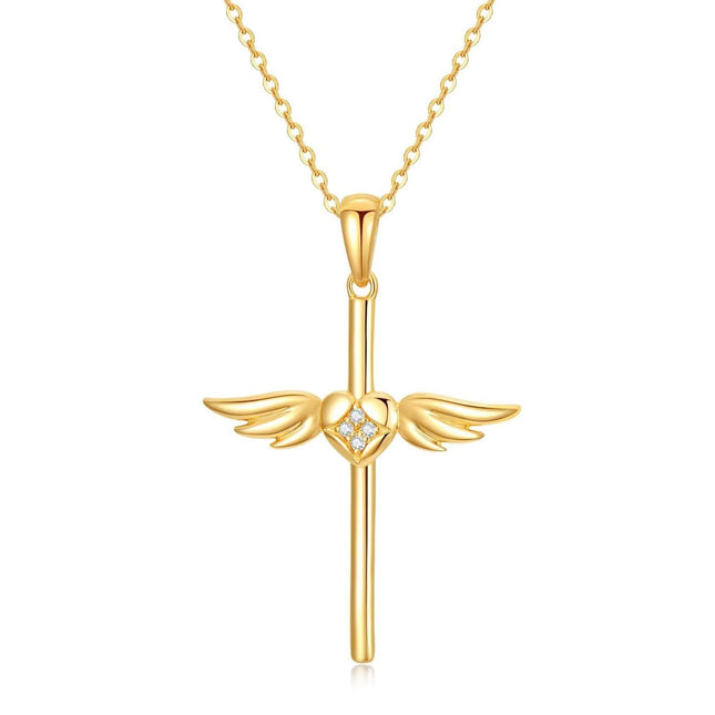 14K Gold Angel Wing Heart Faith Cross Pendant Necklace for Women - Baptism Gift for Mom or Wife