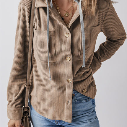 Drawstring Button Up Long Sleeve Hooded Jacket - Vickie Lynn's