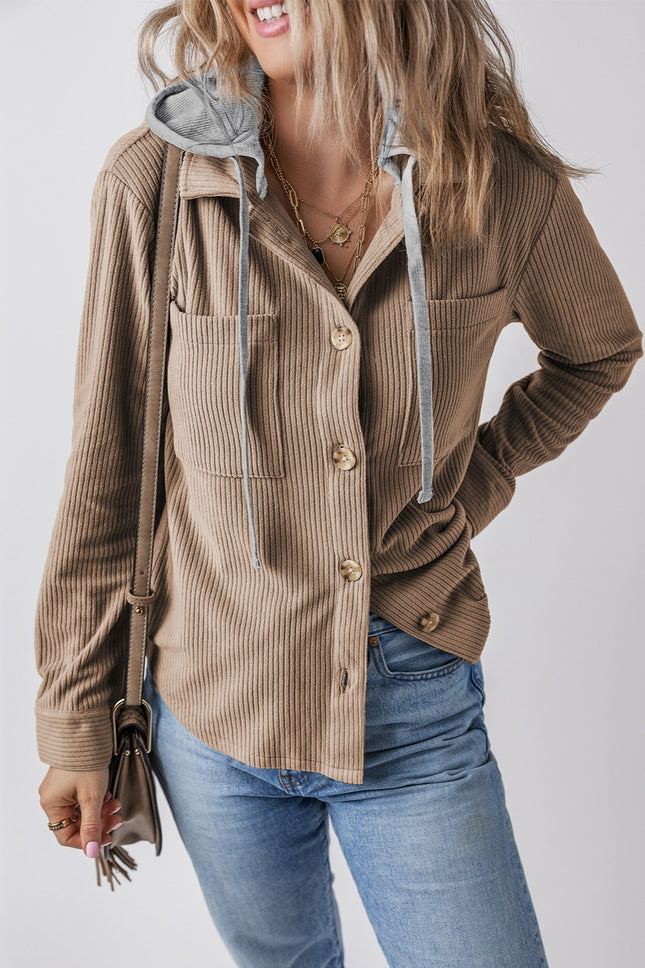 Drawstring Button Up Long Sleeve Hooded Jacket - Vickie Lynn's