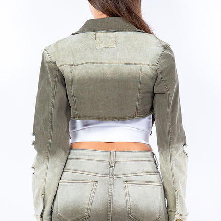 American Bazi Distressed Ombre Washed Cropped Denim Jacket