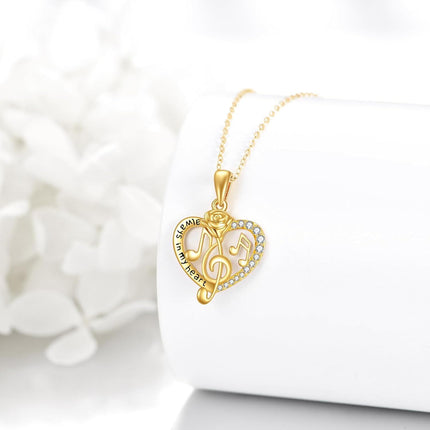14K Gold Heart Rose Musical Notes Pendant Necklace with Cubic Zirconia for Women Girls Mother's Day Gift