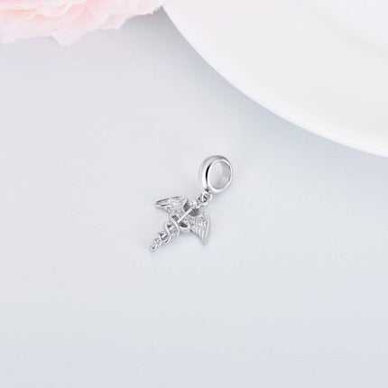 S925 Sterling Silver & Austria Clear White Crystal Caduceus Charm Bracelet for Medical Professionals, Nurses, Doctors - Hypoallergenic, Lead & Nickel Free Jewelry Gift (12mm)