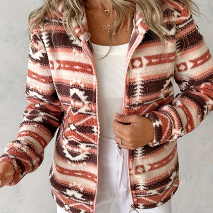 Geometric Zip Up Long Sleeve Hooded Jacket