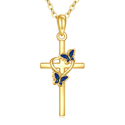 14K Gold Cross Butterfly Pendant Necklace for Women Blue Enamel