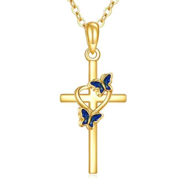 14K Gold Cross Butterfly Pendant Necklace for Women Blue Enamel