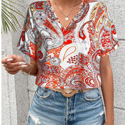 Printed V-Neck Short Sleeve Blouse