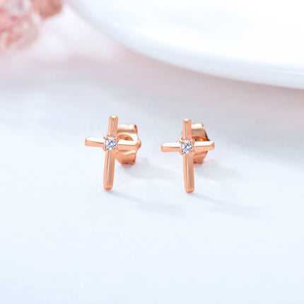 Rose Gold Diamond Cross Stud Earrings - Religious s for Women and Girls