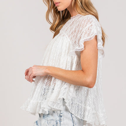 SAGE + FIG Round Neck Short Sleeve Lace Blouse