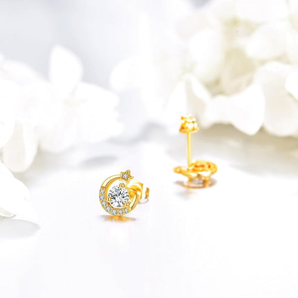 14K Gold Crescent Moon & Star CZ Stud Earrings for Women - Birthday/Christmas Gifts