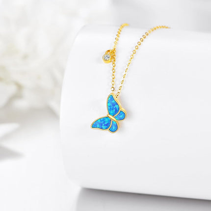 14K Gold Blue Opal Butterfly Charm Pendant Necklace for Women Girls