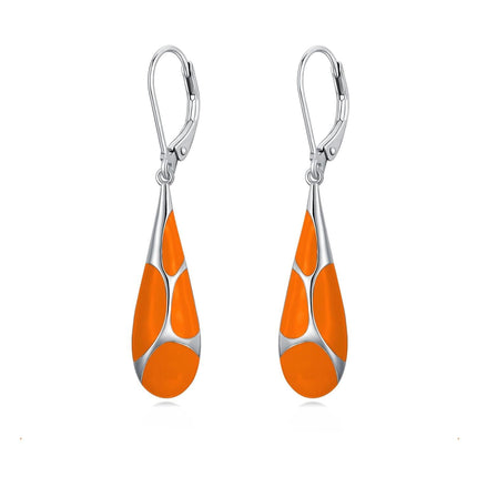 925 Sterling Silver Orange Enamel Teardrop Leverback Earrings for Women