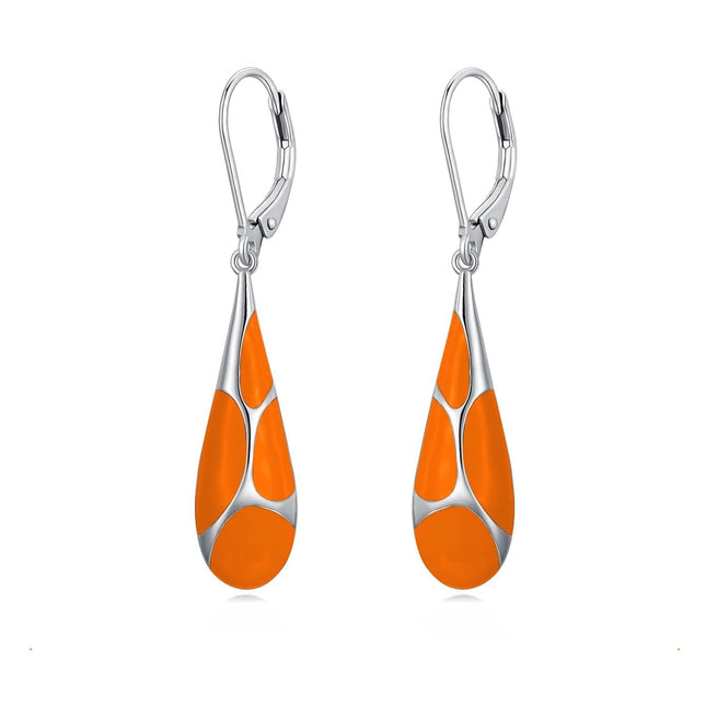 925 Sterling Silver Orange Enamel Teardrop Leverback Earrings for Women