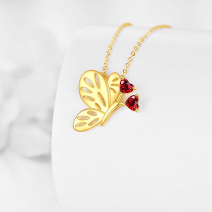 14K Gold Red Crystal Butterfly Pendant Necklace for Women