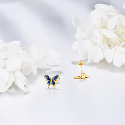 14K Gold Blue Enamel Butterfly Stud Earrings for Women