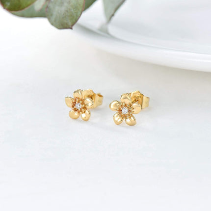 14K Yellow Gold Moissanite Diamond Flower Stud Earrings for Women Push Backs Gift for Mom Wife Friend