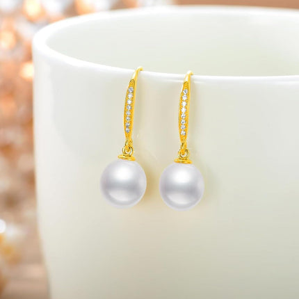 14K Gold White Freshwater Pearl Drop Earrings with Diamonds