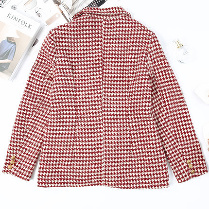 Houndstooth Collared Neck Double-Breasted Blazer