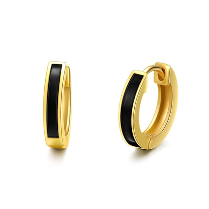 14K Gold Black Onyx Inlay Small Hoop Earrings (Huggies) - 3/8 Diameter