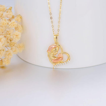 14K Gold Mother and Child Pendant Necklace with Cubic Zirconia - Gift for Mom/Wife/Grandma (18 Inches)