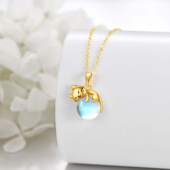 14K Gold Moonstone Cat Necklace - Adorable Kitty Pendant with 16 Chain for Happiness & Joy