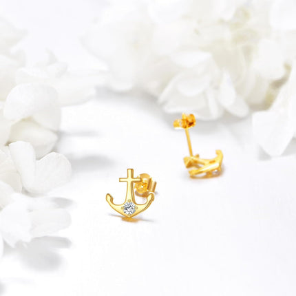 14K Gold Diamond Anchor Stud Earrings - Hypoallergenic for Her