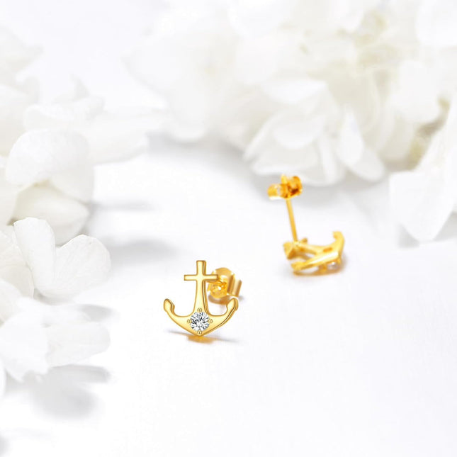 14K Gold Diamond Anchor Stud Earrings - Hypoallergenic for Her