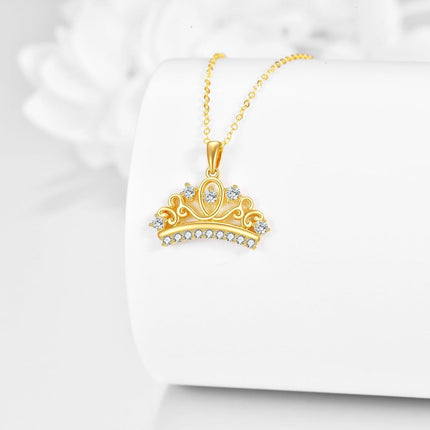 14K Gold Crystal Tiara Crown Pendant Necklace for Women's s