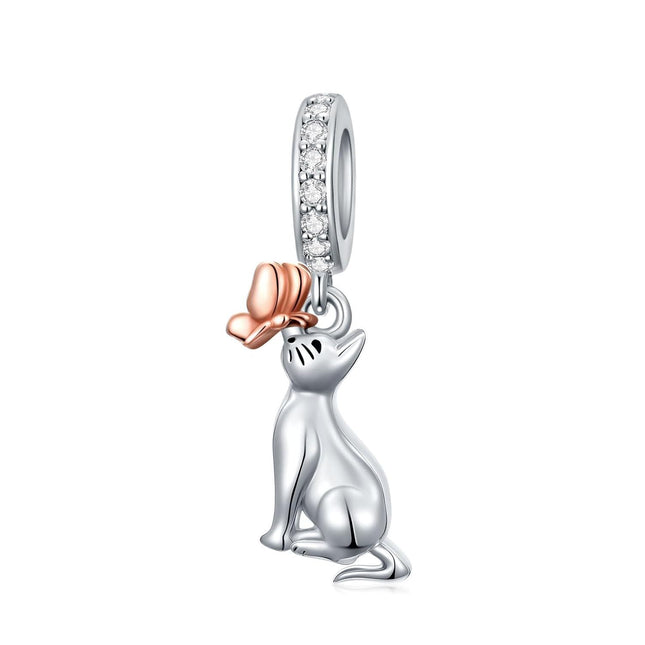 925 Sterling Silver Cat with Rose Gold Flower and CZs Dangle Charm Pendant for Bracelet Necklace Jewelry Making Supplies Gifts Women Girls Kids Teens