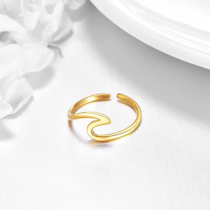 9K Gold Adjustable Ring - Minimalist Wave Design with Free Form Stones