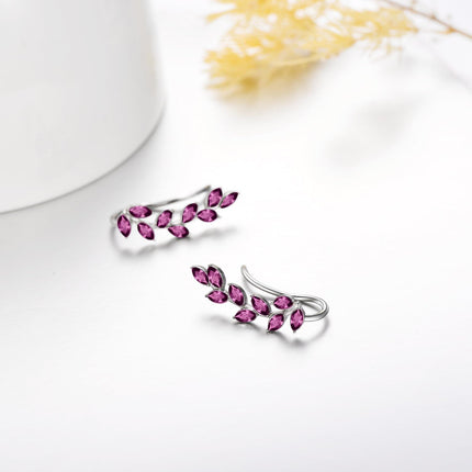 925 Sterling Silver Pink Austrian Crystal Leaf Ear Climber Hypoallergenic Earrings