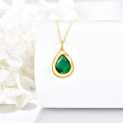 14K Gold Green Emerald Teardrop Pendant Necklace for Women Birthdays Gifts