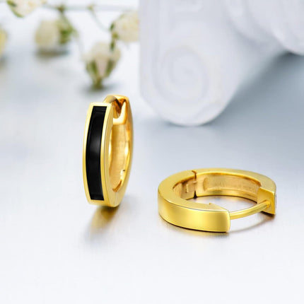 14K Gold Black Onyx Inlay Small Hoop Earrings (Huggies) - 3/8 Diameter