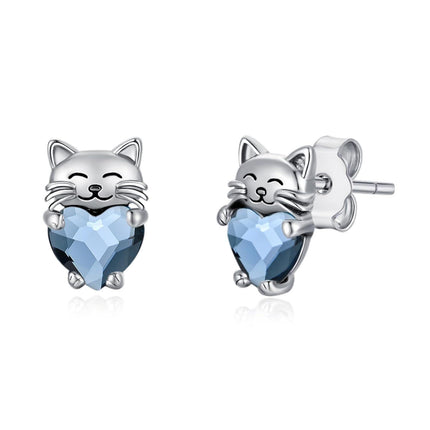 925 Sterling Silver Heart-Shaped Blue Crystal Cat Stud Earrings - Adorable Kitty  for Her