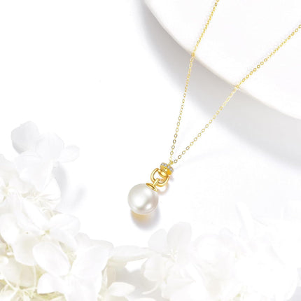 14K Gold White Pearl Pendant Necklace with Cubic Zirconia Chain for Women Elegant Fine s