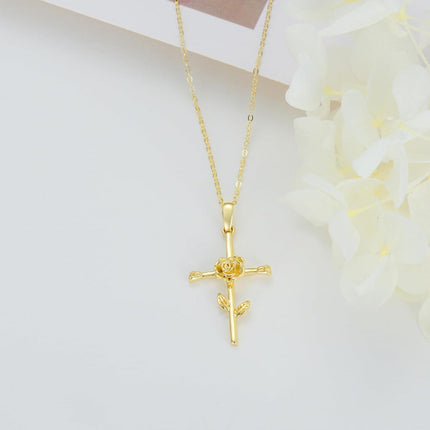 14K Gold Rose Cross Necklace - 12 Months Pendant s for Her