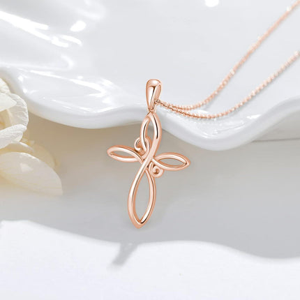 14K Rose Gold Celtic Knot Cross Pendant Necklace for Women with Chain - Length: 37cm (Adjustable)