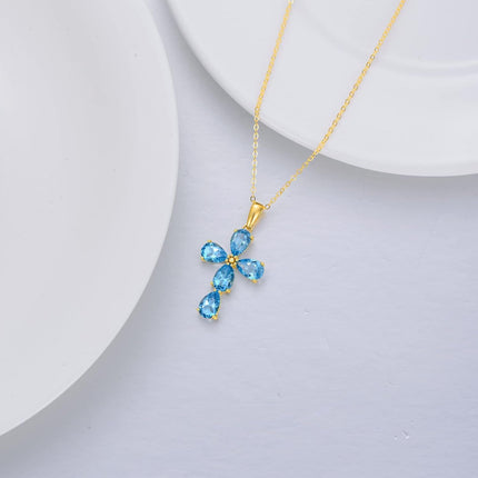 14K Gold Natural Blue Topaz Flower Pendant Necklace for Women 18 Chain Christian Gifts
